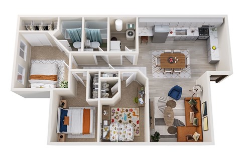Floor plan for 3 beds, 2 baths, 1050 sqft